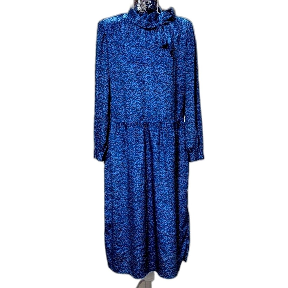 Vintage Carriage Court Blue Black Midi Dress Modest Cottagecore Retro Chic Sz 16
